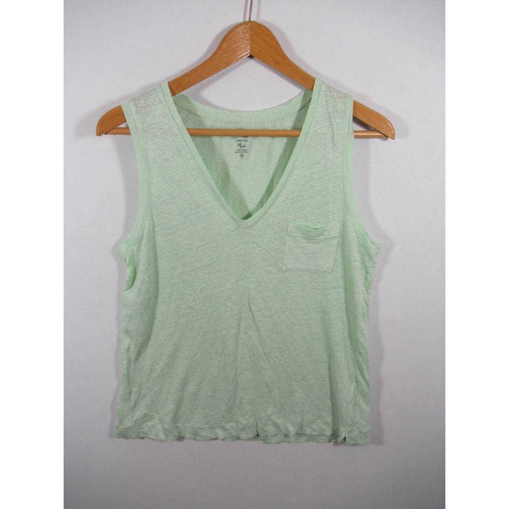 J Crew Linen Deep V-Neck Top Women Medium Green Sleeveless Knit Goods